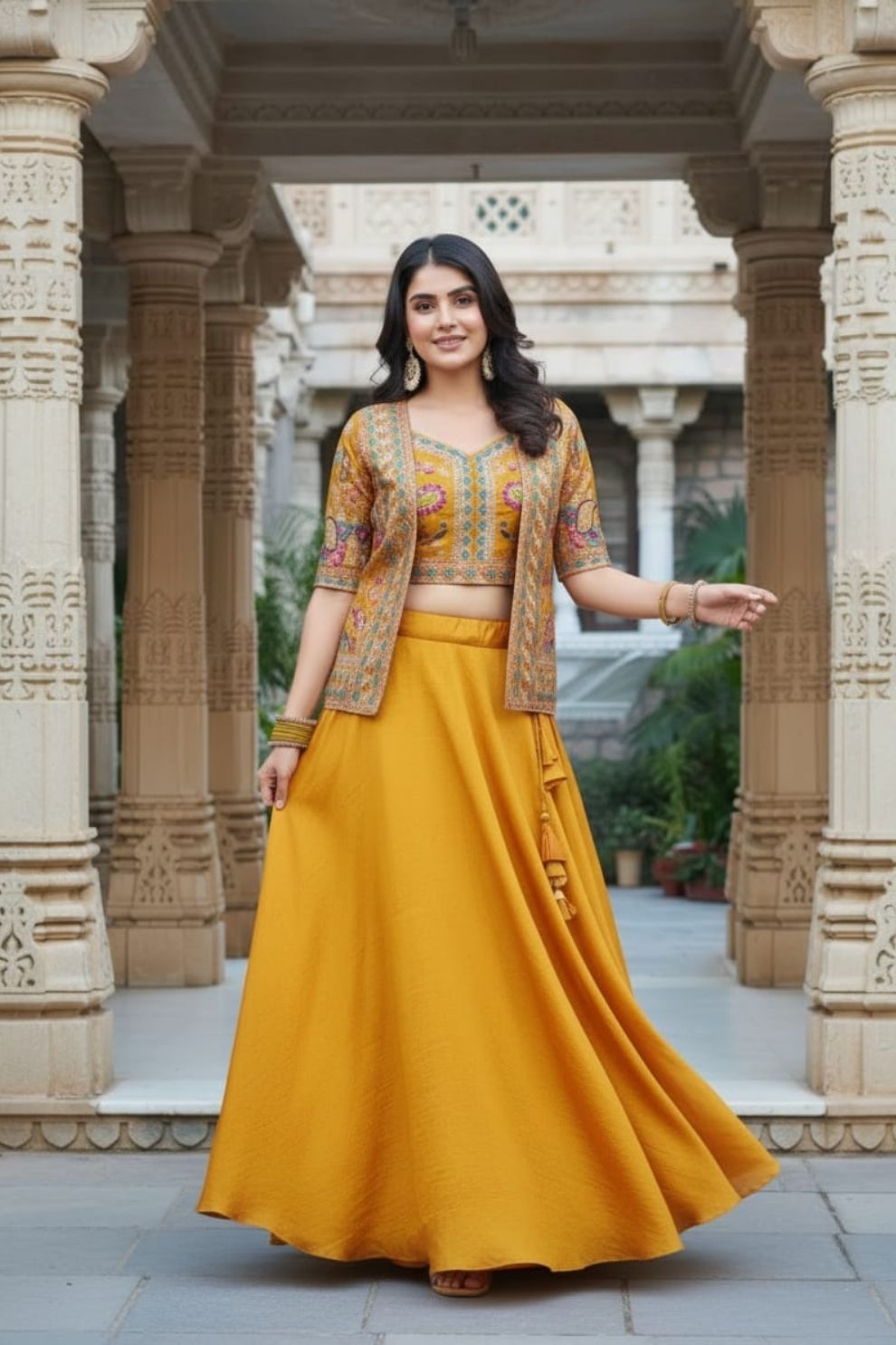 Mustard Yellow Art Silk Skirt Set With Embroidered Jacket