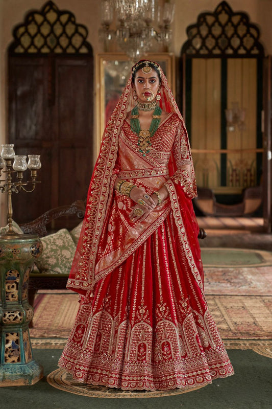 Red Bridal Silk Lehenga with Heavy Zari Embroidery and Double Dupatta