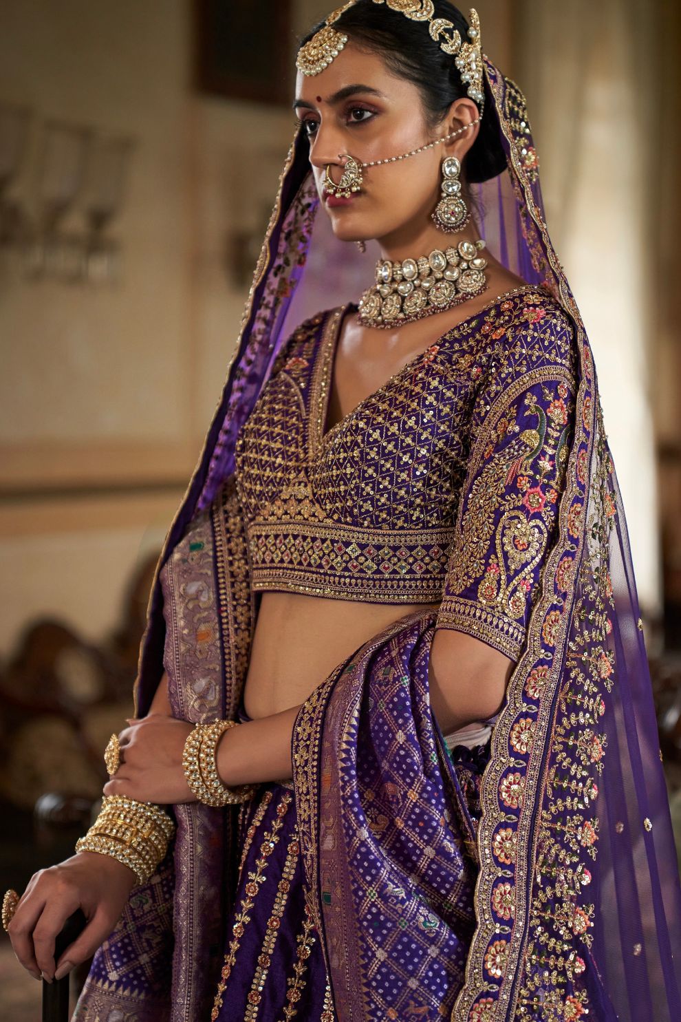 Royal Purple Silk Bridal Lehenga with Double Dupatta Zari Handwork