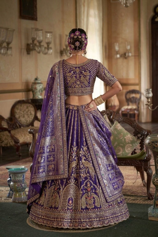 Royal Purple Silk Bridal Lehenga with Double Dupatta Zari Handwork