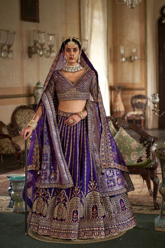 Royal Purple Silk Bridal Lehenga with Double Dupatta Zari Handwork