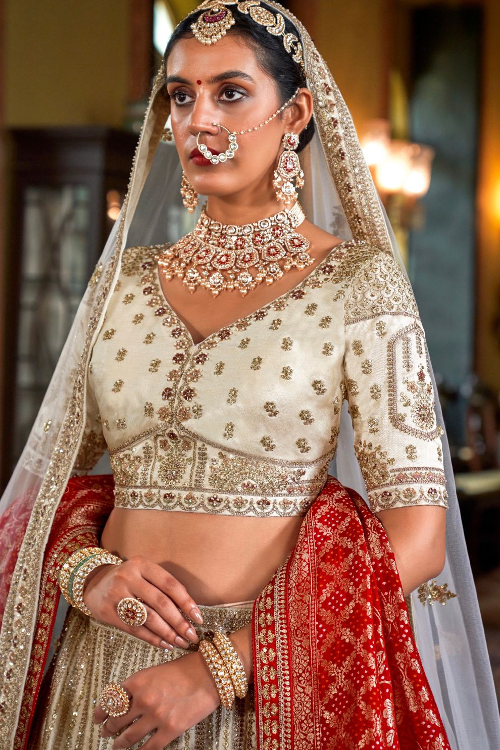 Ivory Silk Lehenga Set with Double Dupatta Intricate Embroidery Elegant