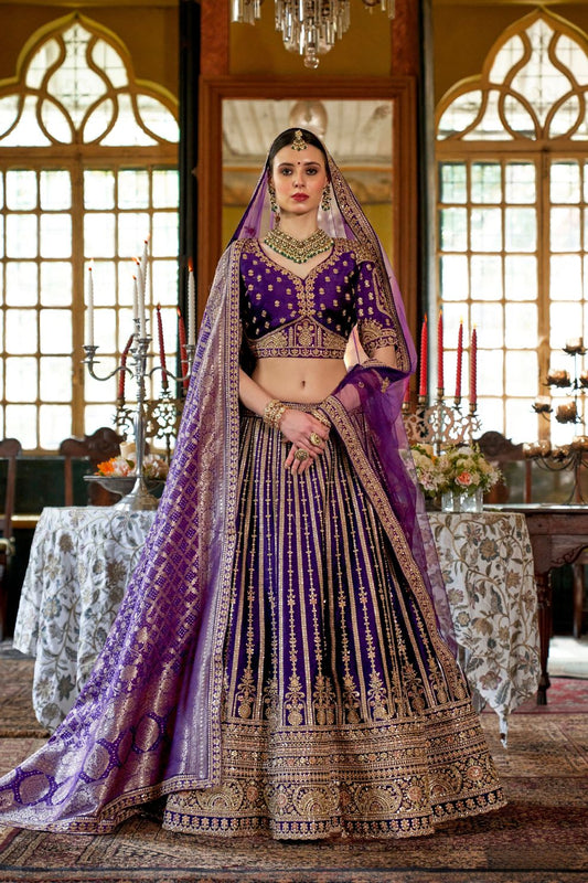 Regal Purple Silk Bridal Lehenga with Golden Zardozi Work Elegant