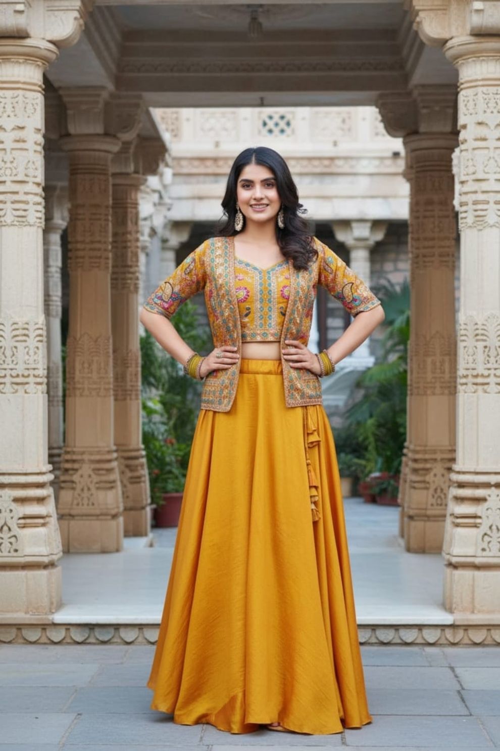 Mustard Yellow Art Silk Skirt Set With Embroidered Jacket