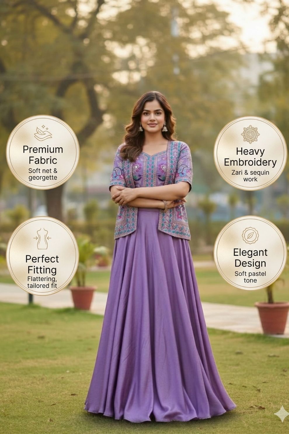 Lavender Pure Vichitra Silk Lehenga Choli with Heavy Embroidered Koti Jacket
