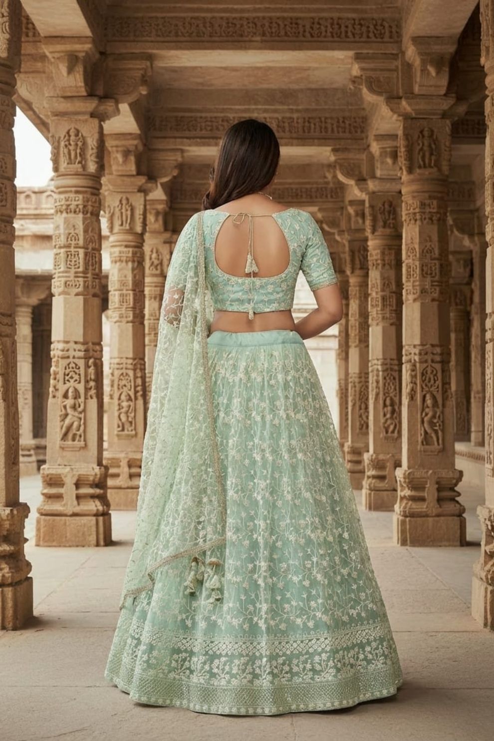 Pista Green Soft Net Thread Embroidery Work Lehenga Choli