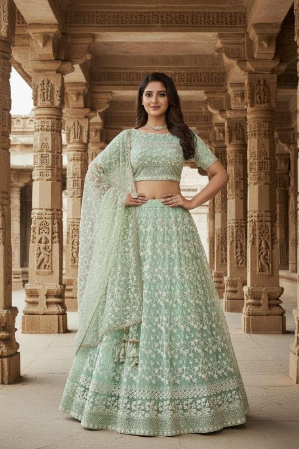 Pista Green Soft Net Thread Embroidery Work Lehenga Choli