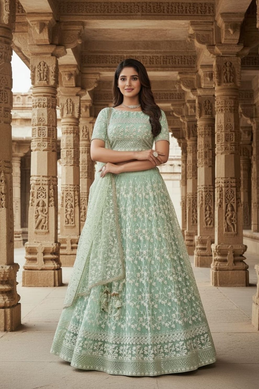 Pista Green Soft Net Thread Embroidery Work Lehenga Choli