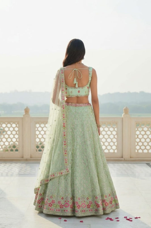 Pista Green Embroidered Georgette Lehenga Choli with Dupatta