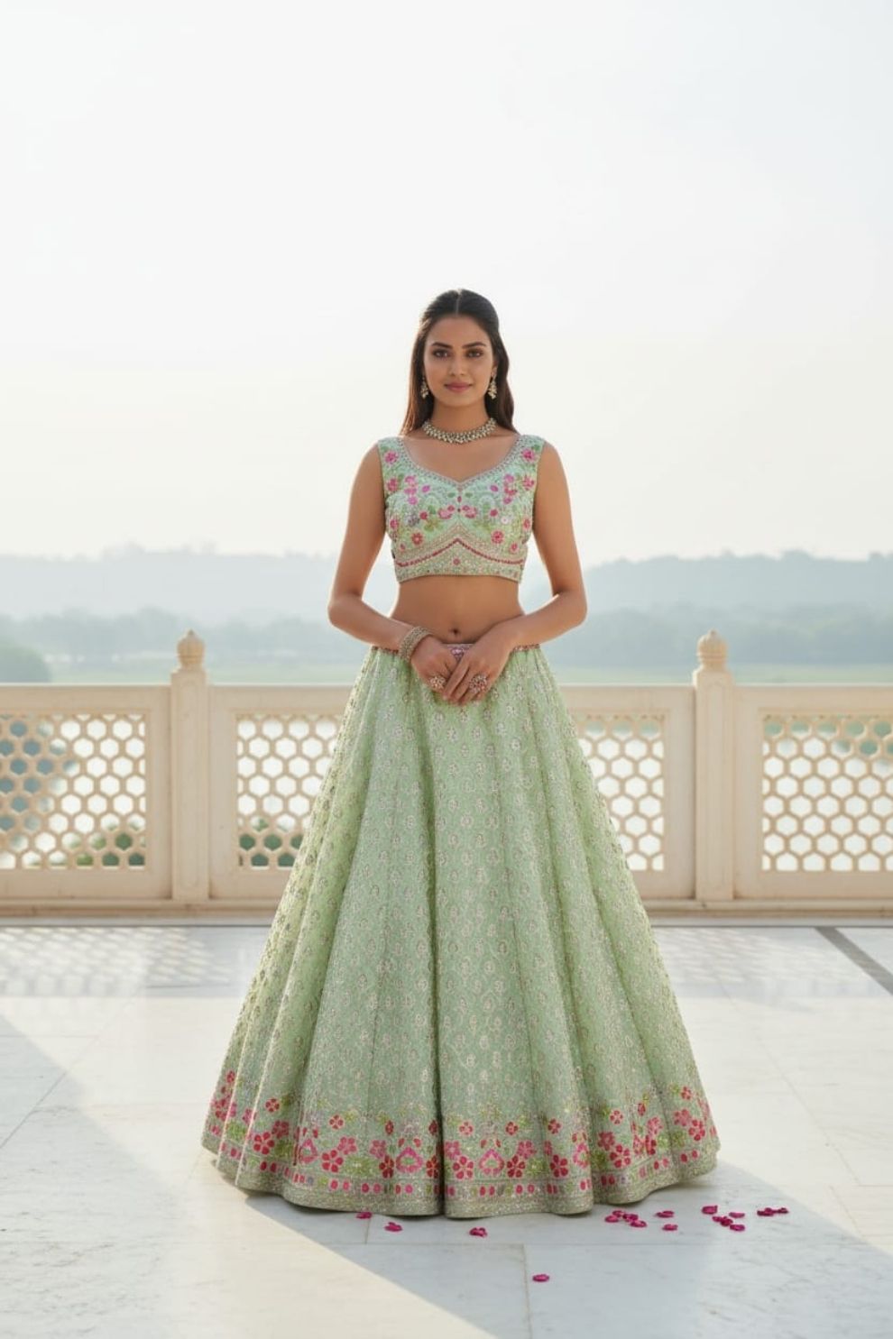 Pista Green Embroidered Georgette Lehenga Choli with Dupatta