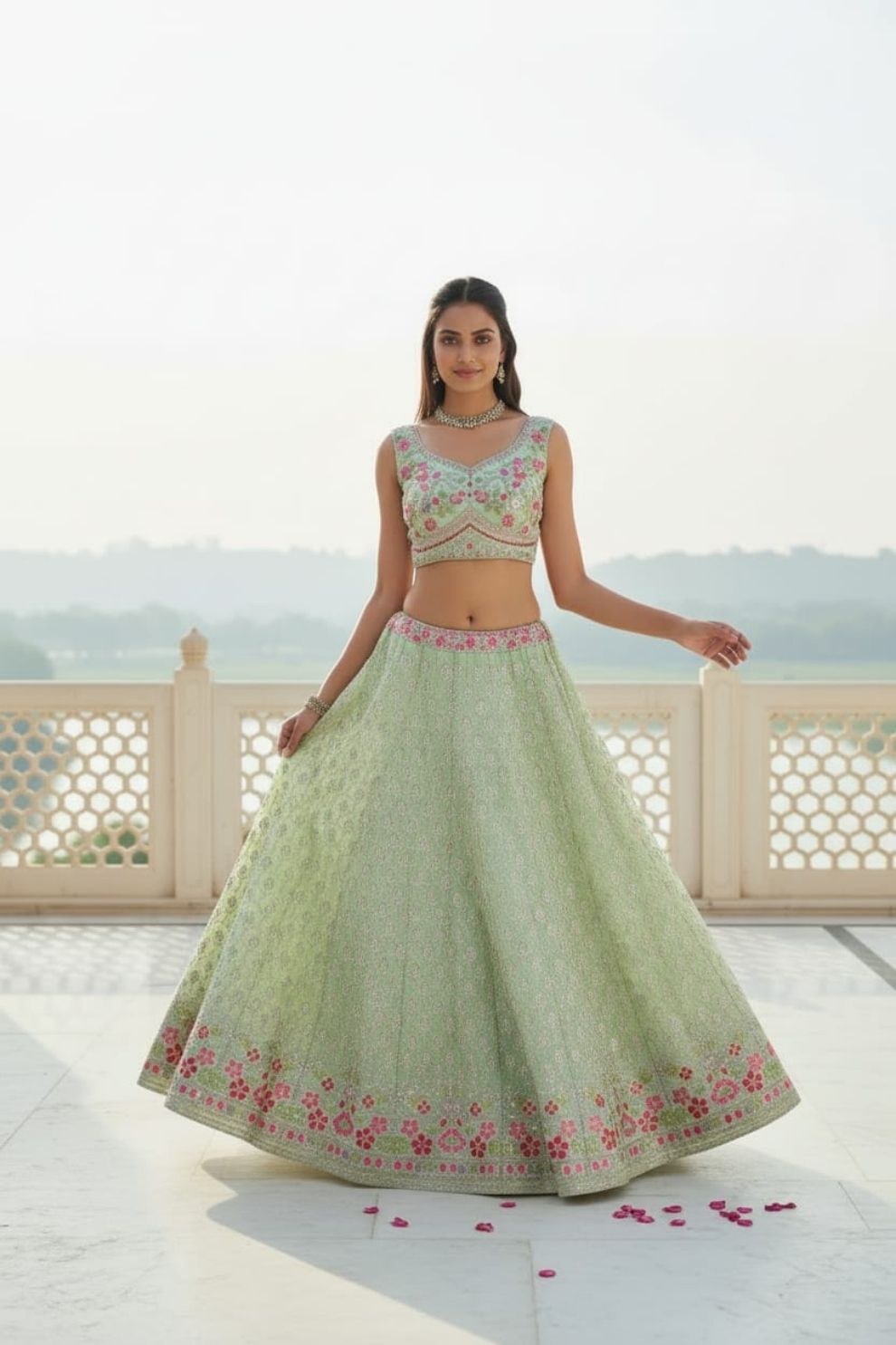 Pista Green Embroidered Georgette Lehenga Choli with Dupatta