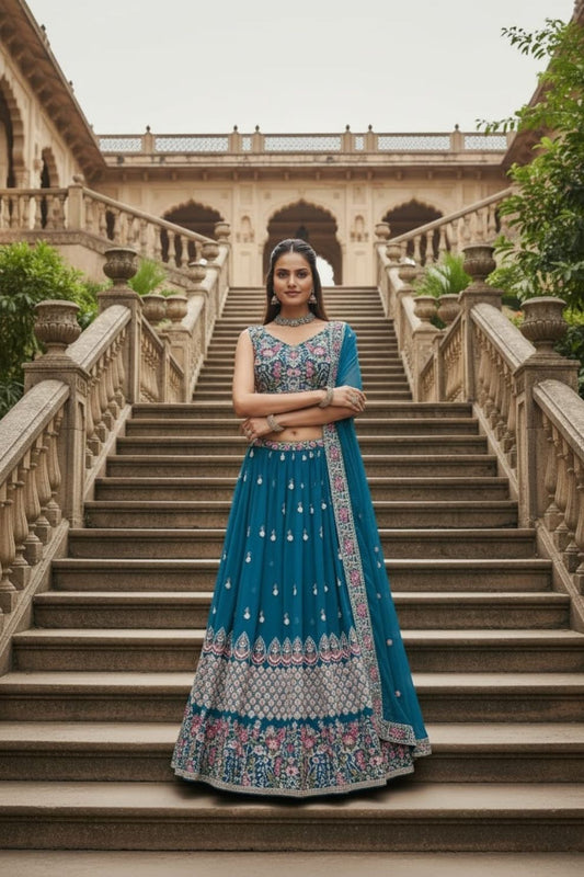 Semi-Stitched Teal Blue Georgette Wedding Lehenga with Zari Work