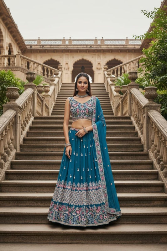Semi-Stitched Teal Blue Georgette Wedding Lehenga with Zari Work