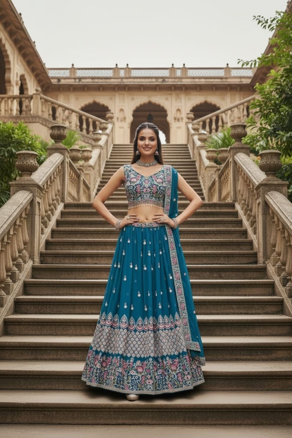 Semi-Stitched Teal Blue Georgette Wedding Lehenga with Zari Work