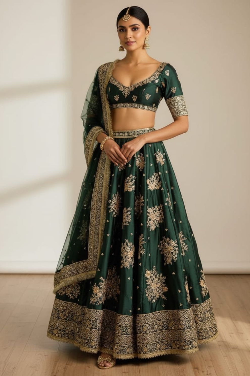 Dark Green Silk Bridal Lehenga with Heavy Gota Patti and Resham Work