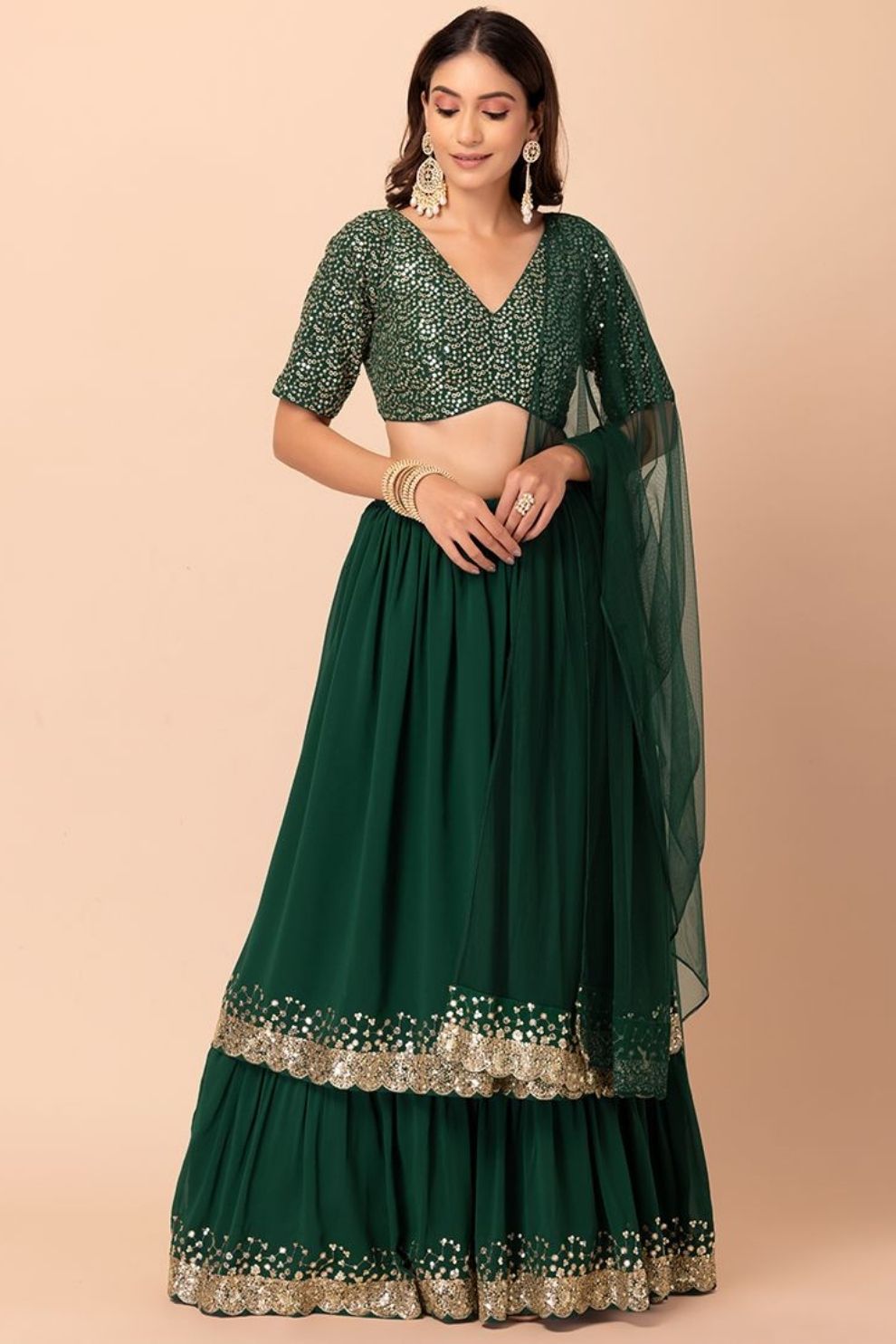Bottle Green Double Layered Georgette Lehenga with Zari and Sequin Work