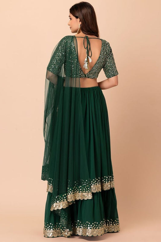 Bottle Green Double Layered Georgette Lehenga with Zari and Sequin Work