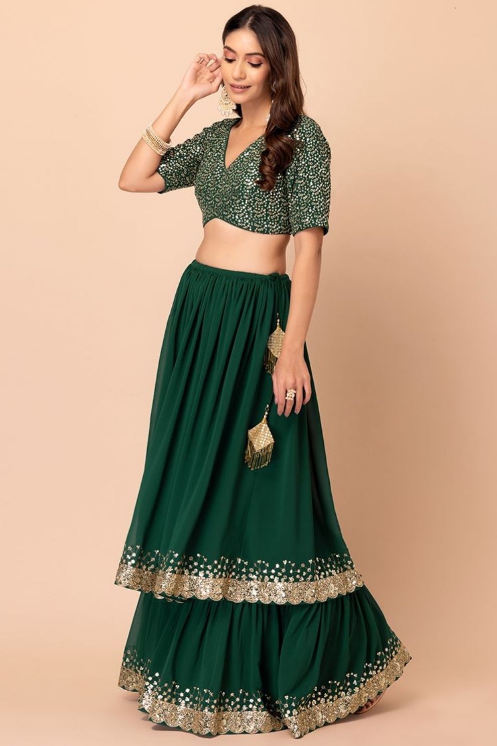 Bottle Green Double Layered Georgette Lehenga with Zari and Sequin Work