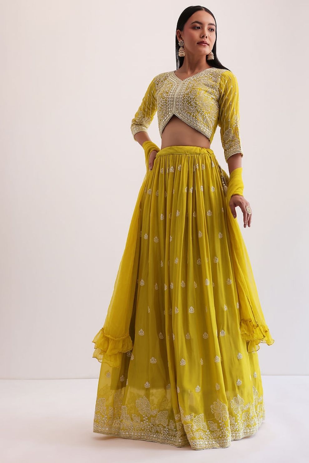 Mustard Yellow Georgette Lehenga Choli with Silver Embroidery and Ruffle Dupatta