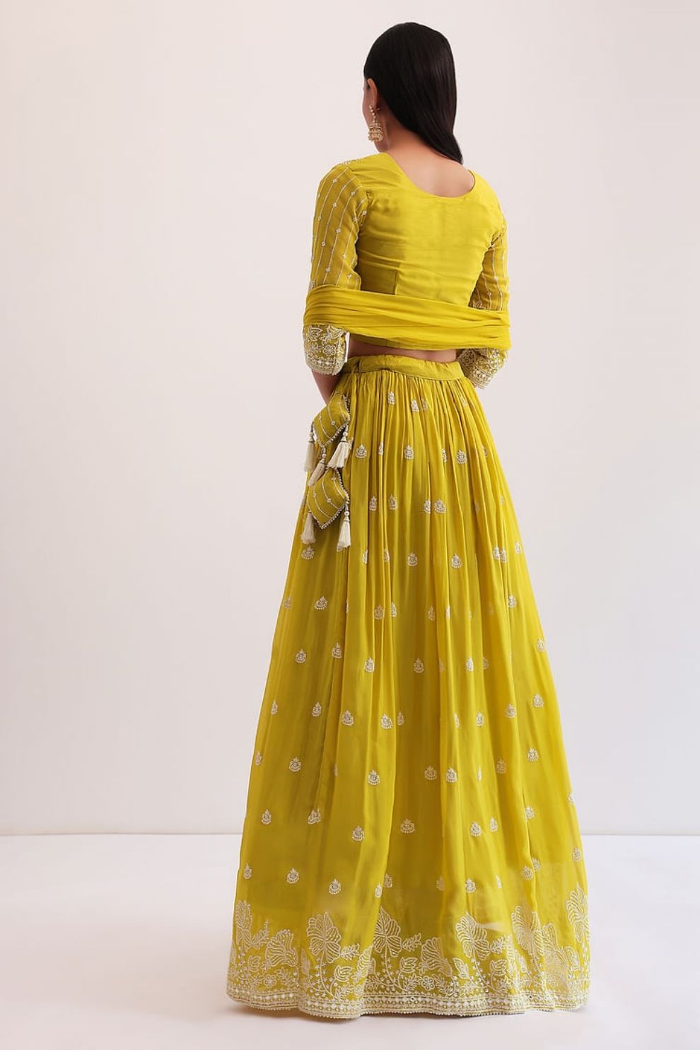Mustard Yellow Georgette Lehenga Choli with Silver Embroidery and Ruffle Dupatta
