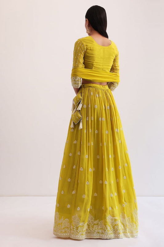 Mustard Yellow Georgette Lehenga Choli with Silver Embroidery and Ruffle Dupatta
