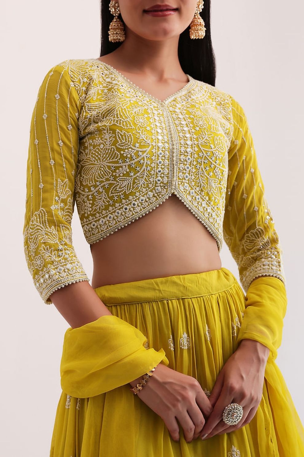 Mustard Yellow Georgette Lehenga Choli with Silver Embroidery and Ruffle Dupatta