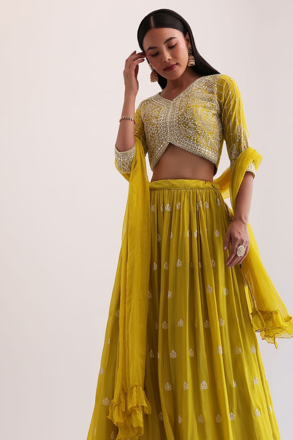 Mustard Yellow Georgette Lehenga Choli with Silver Embroidery and Ruffle Dupatta
