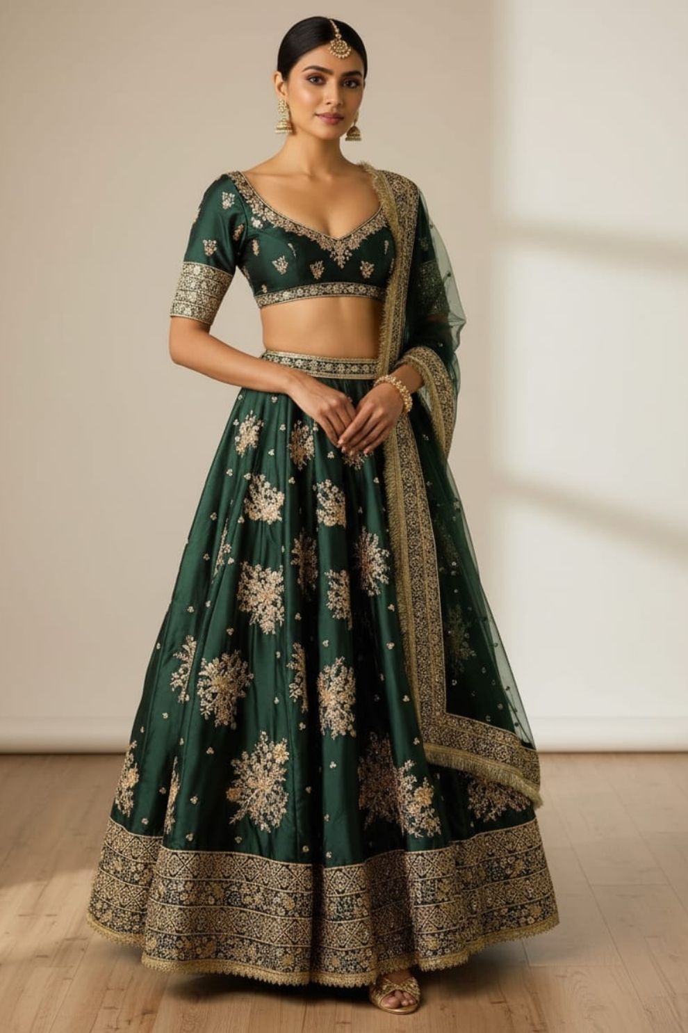 Dark Green Silk Bridal Lehenga with Heavy Gota Patti and Resham Work