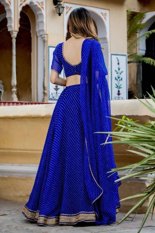 Designer Blue Leheriya Printed Party Wear Lehenga & Unstitched Blouse with Dupatta
