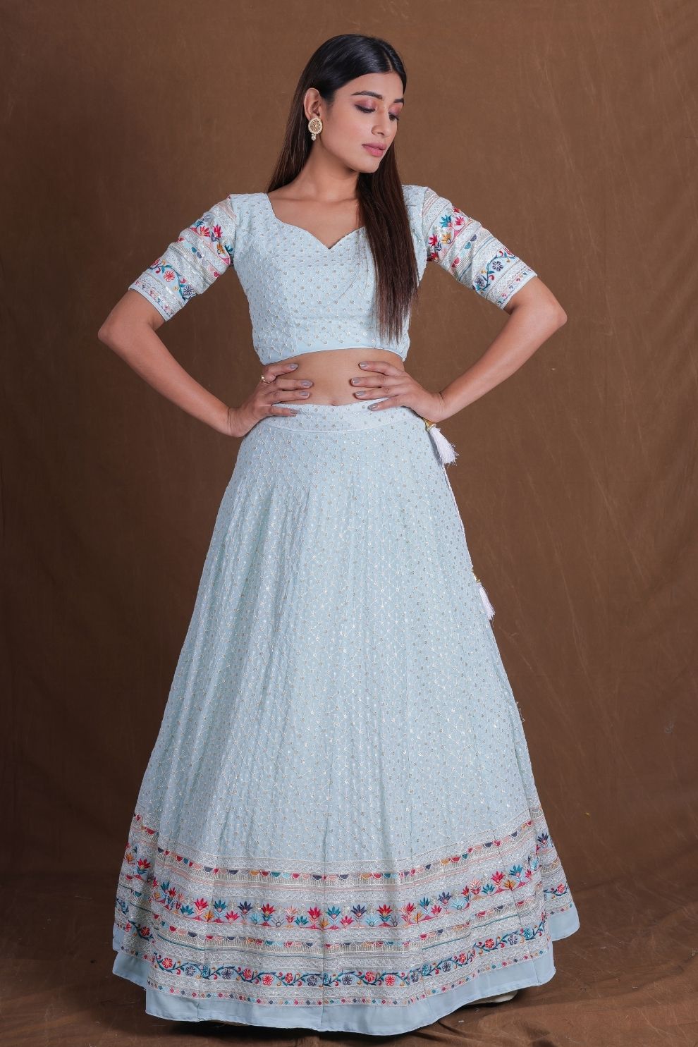 Sky Blue Georgette Multi-Thread and Sequin Embroidery Lehenga Choli