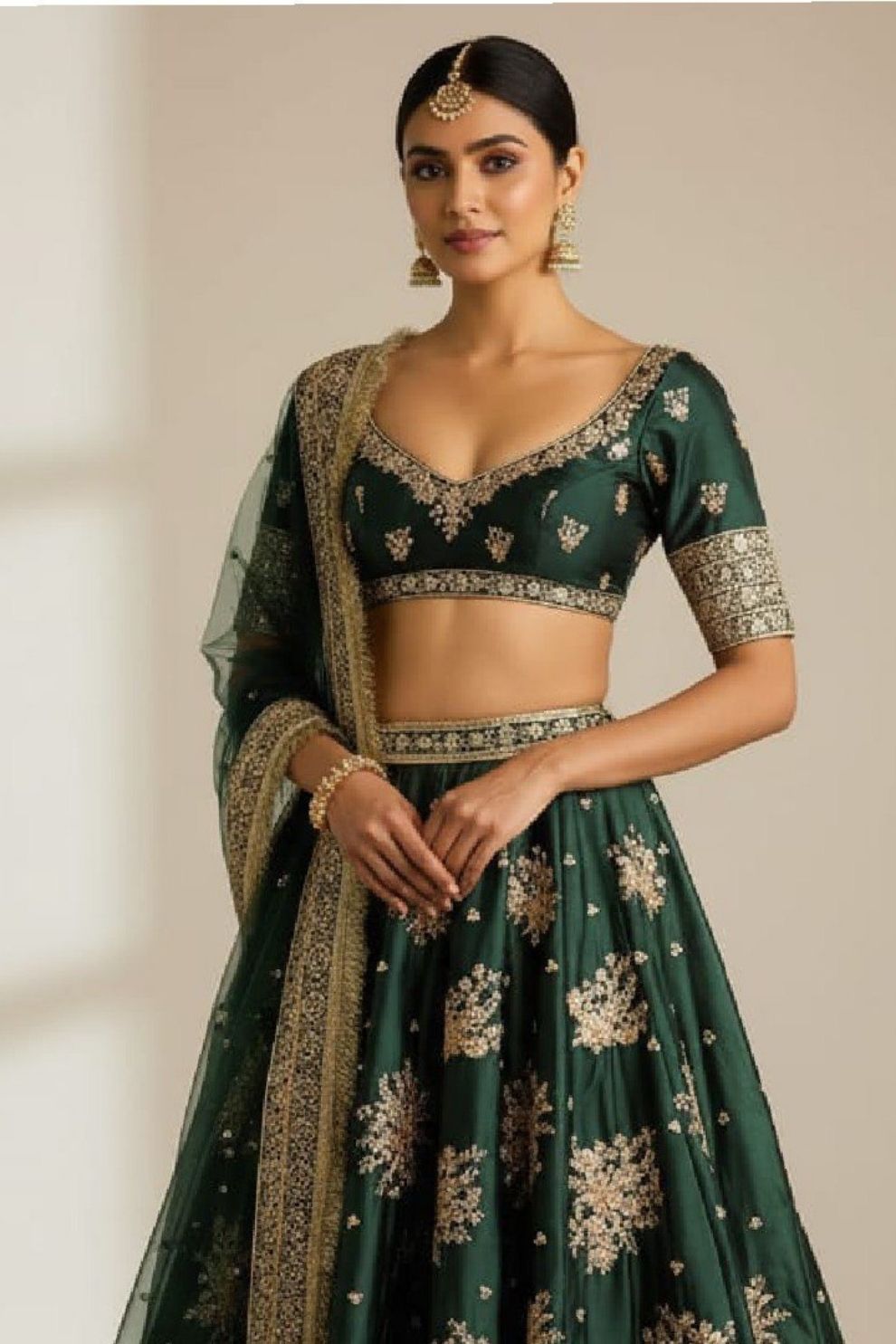 Dark Green Silk Bridal Lehenga with Heavy Gota Patti and Resham Work