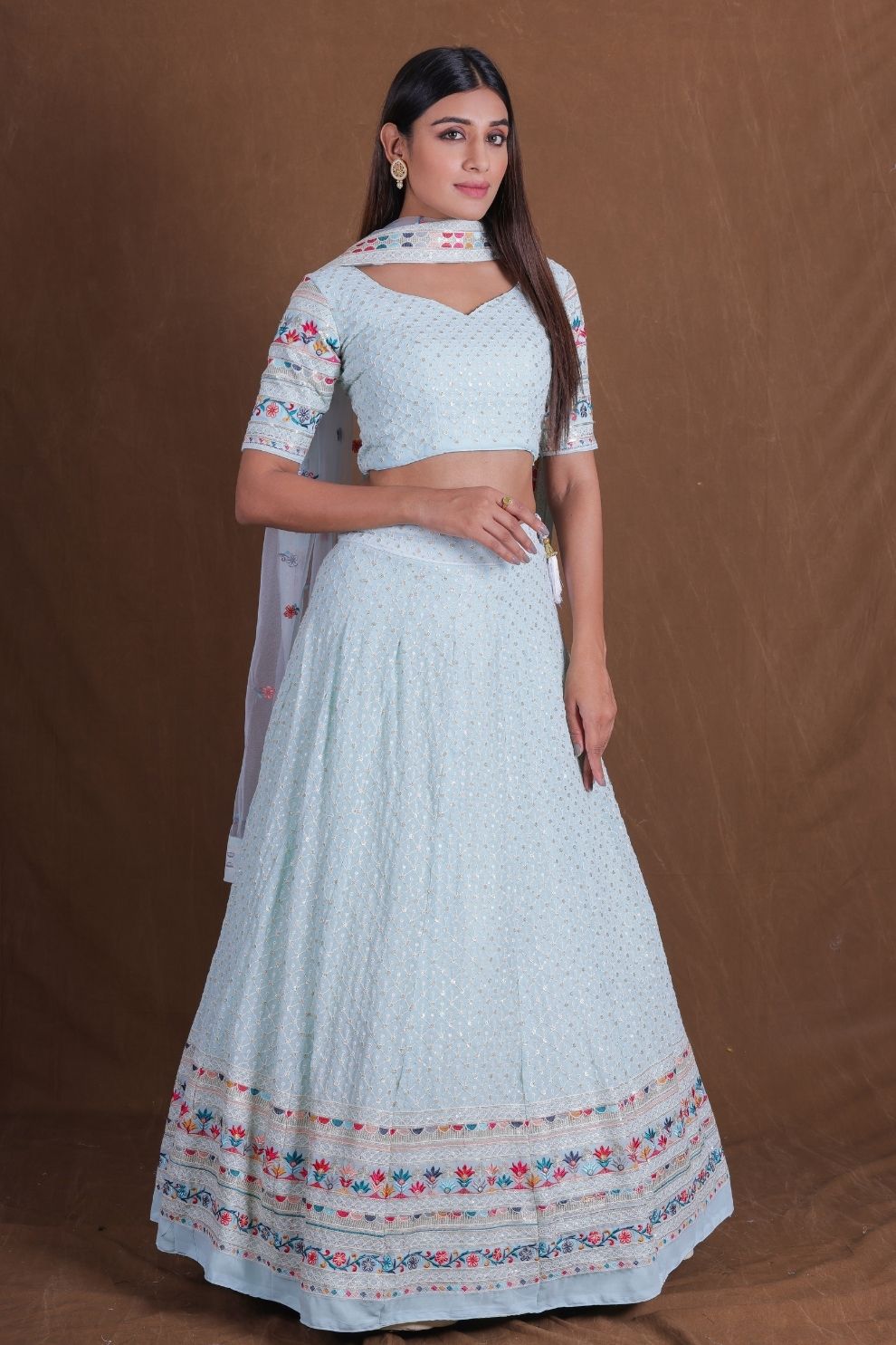 Sky Blue Georgette Multi-Thread and Sequin Embroidery Lehenga Choli