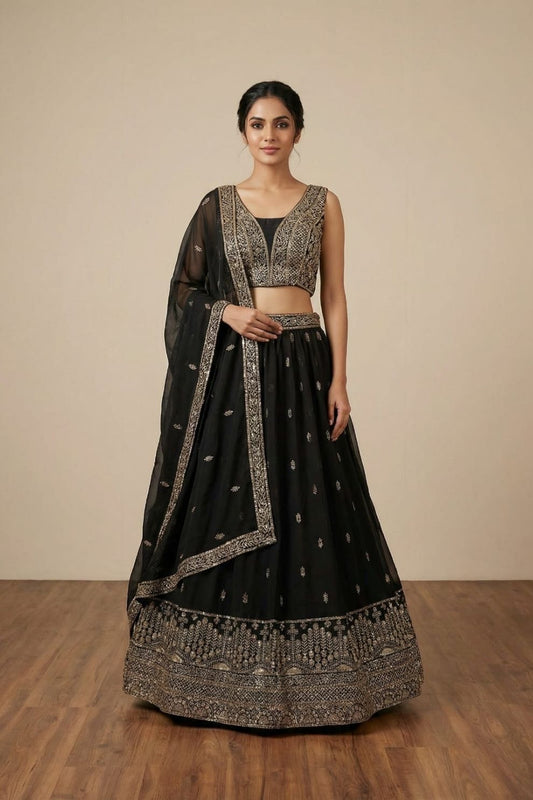 Black Georgette Embroidered Lehenga Set with Zari and Sequin Work