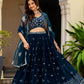 Semi-Stitched Teal Blue Georgette Wedding Lehenga with Thread Work