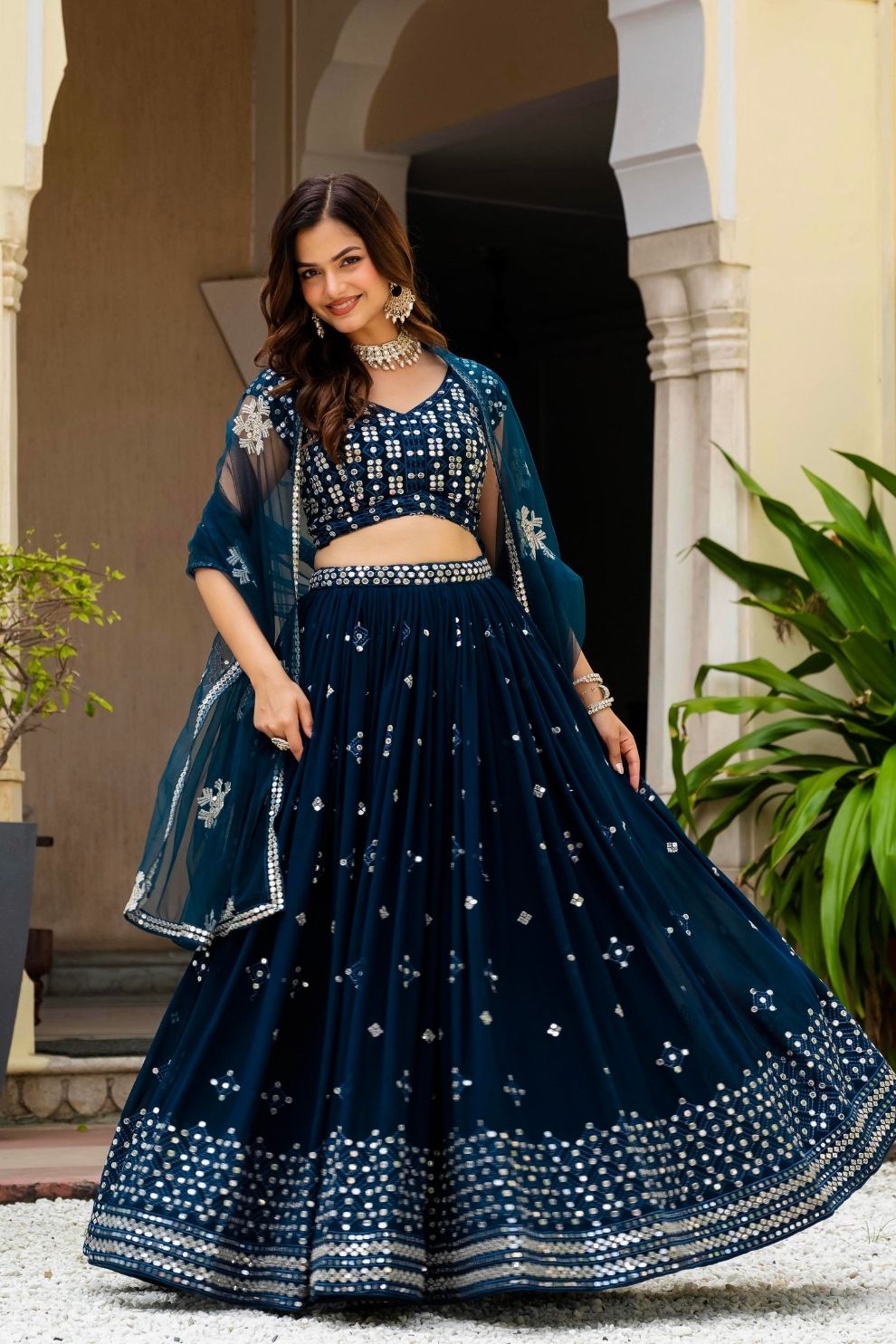 Semi-Stitched Teal Blue Georgette Wedding Lehenga with Thread Work