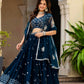 Semi-Stitched Teal Blue Georgette Wedding Lehenga with Thread Work