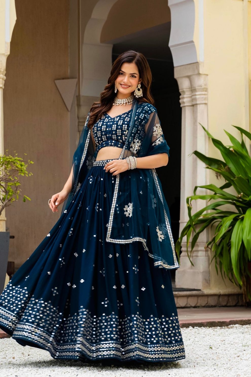 Semi-Stitched Teal Blue Georgette Wedding Lehenga with Thread Work