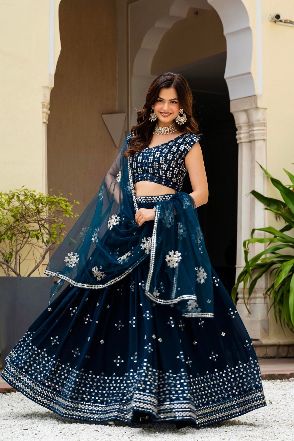 Semi-Stitched Teal Blue Georgette Wedding Lehenga with Thread Work