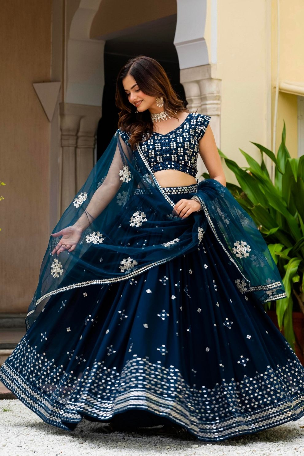 Semi-Stitched Teal Blue Georgette Wedding Lehenga with Thread Work