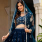 Semi-Stitched Teal Blue Georgette Wedding Lehenga with Thread Work