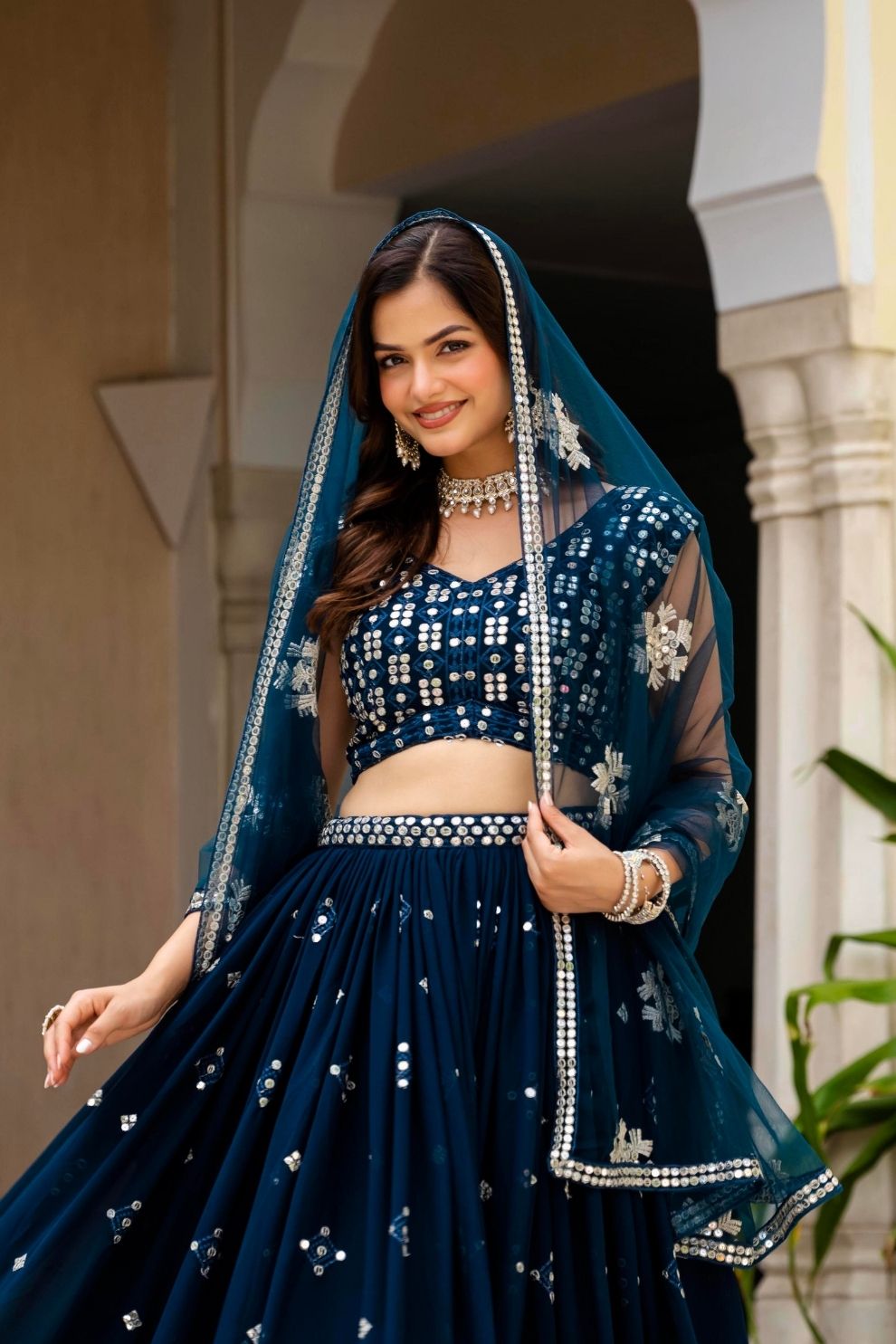 Semi-Stitched Teal Blue Georgette Wedding Lehenga with Thread Work
