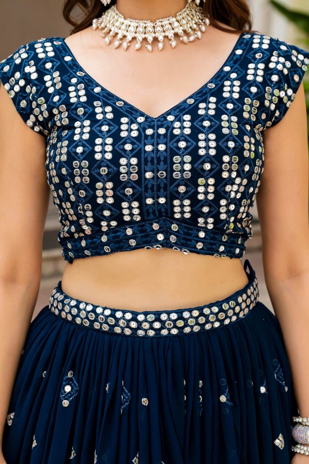 Semi-Stitched Teal Blue Georgette Wedding Lehenga with Thread Work