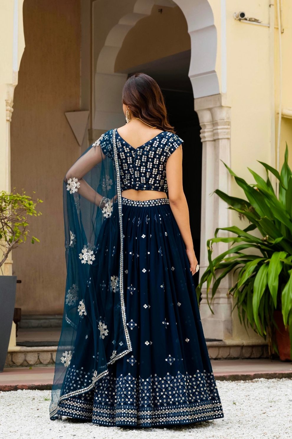 Semi-Stitched Teal Blue Georgette Wedding Lehenga with Thread Work