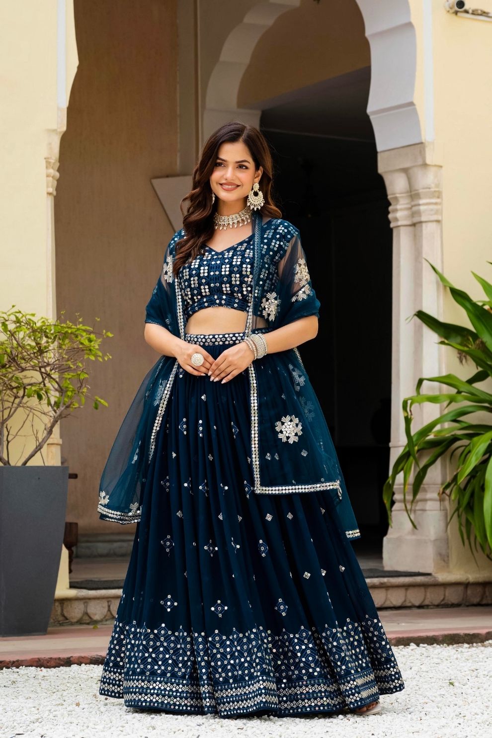 Semi-Stitched Teal Blue Georgette Wedding Lehenga with Thread Work