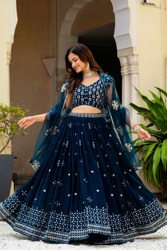 Semi-Stitched Teal Blue Georgette Wedding Lehenga with Thread Work