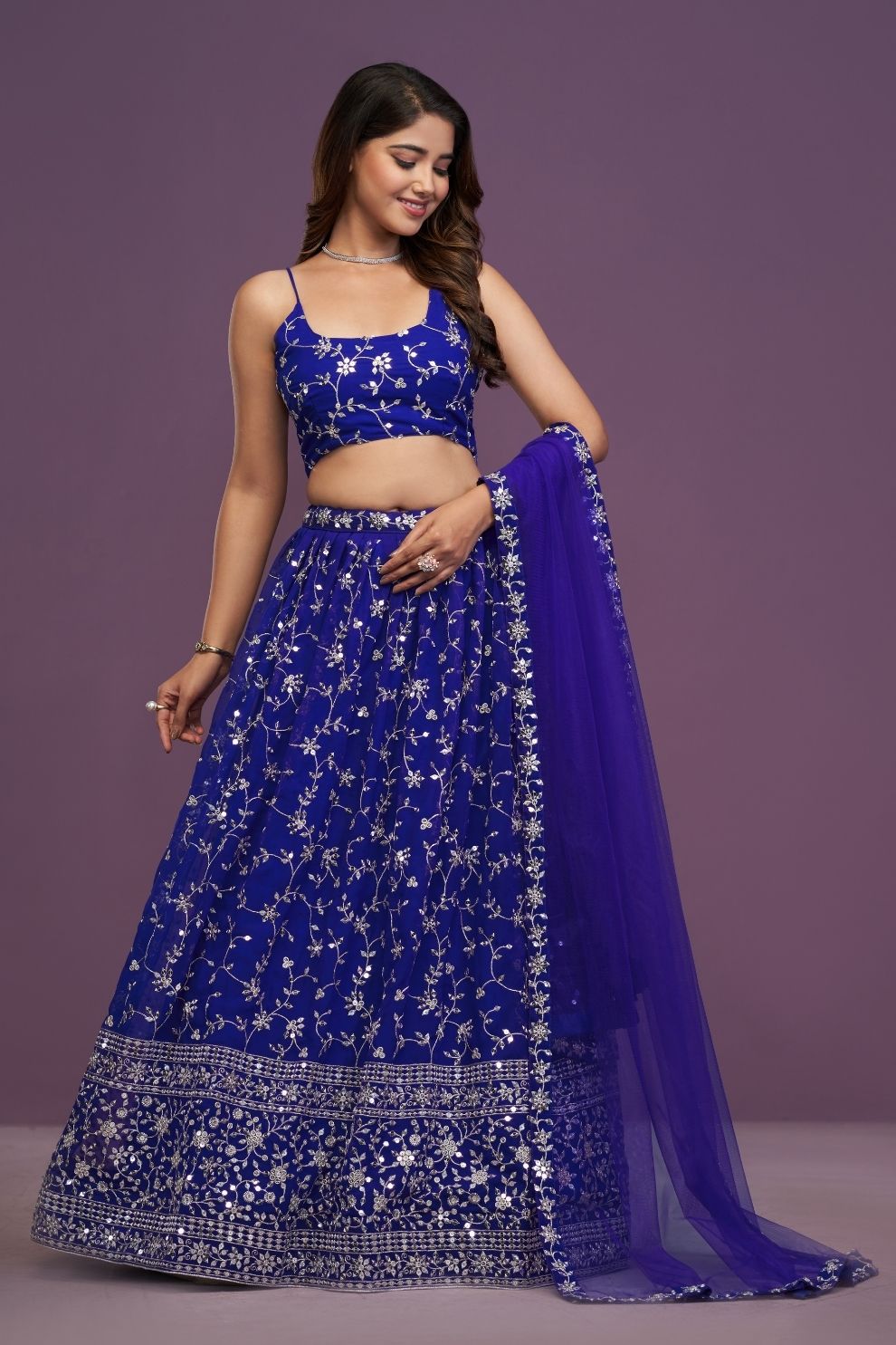 Designer Royal Blue Mirror Work Lehenga Set with Strappy Choli & Net Dupatta