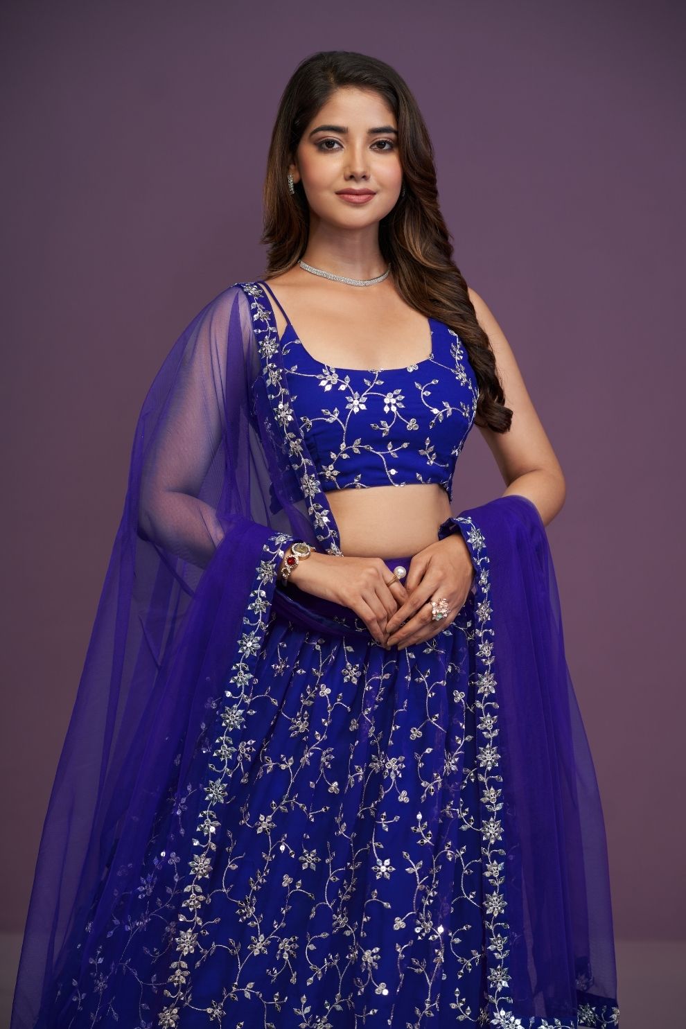 Designer Royal Blue Mirror Work Lehenga Set with Strappy Choli & Net Dupatta