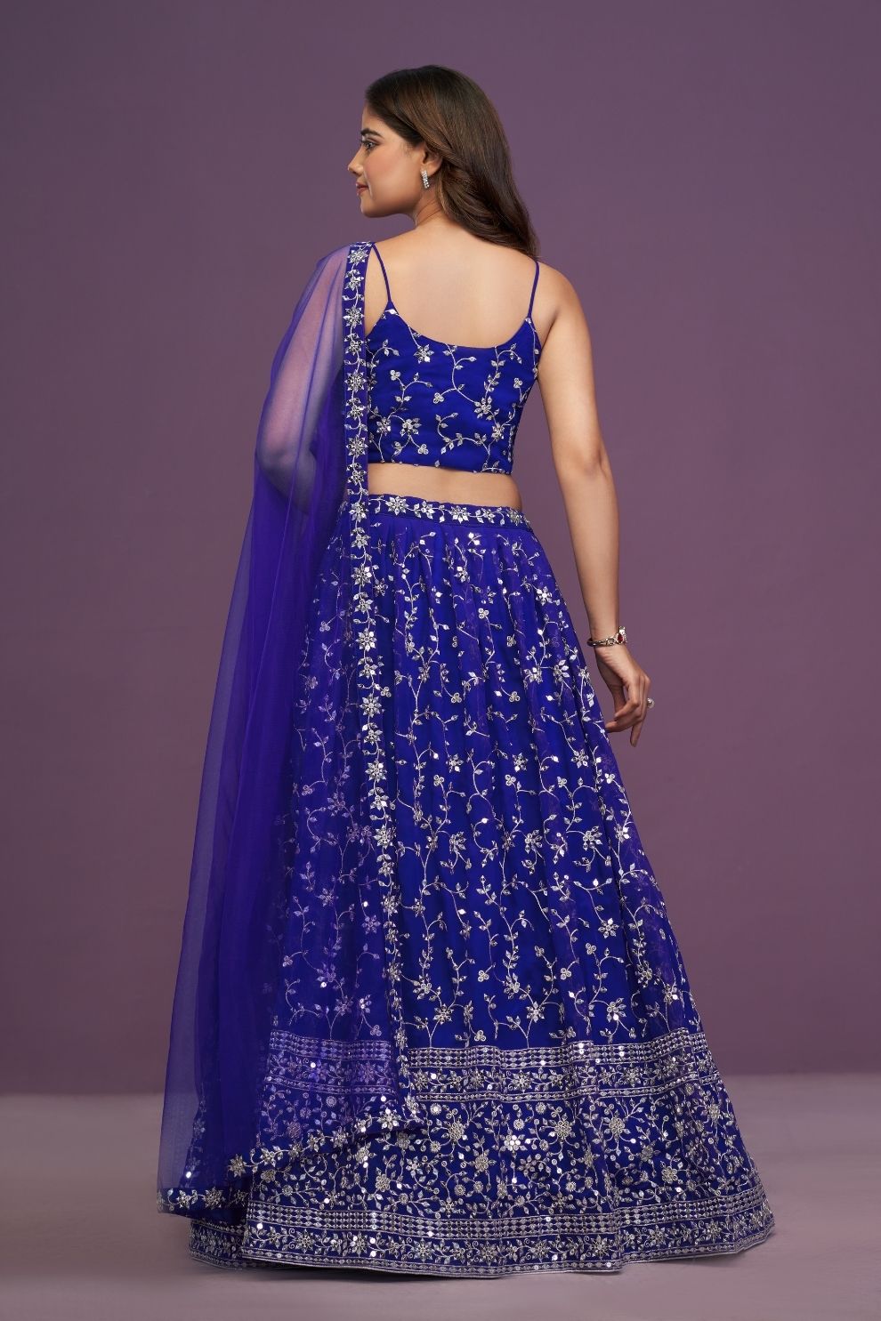 Designer Royal Blue Mirror Work Lehenga Set with Strappy Choli & Net Dupatta