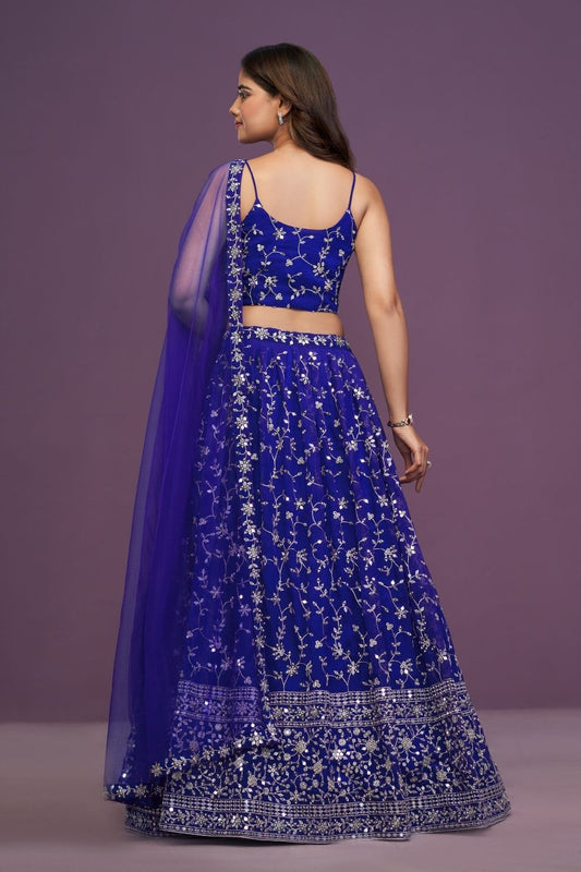 Designer Royal Blue Mirror Work Lehenga Set with Strappy Choli & Net Dupatta