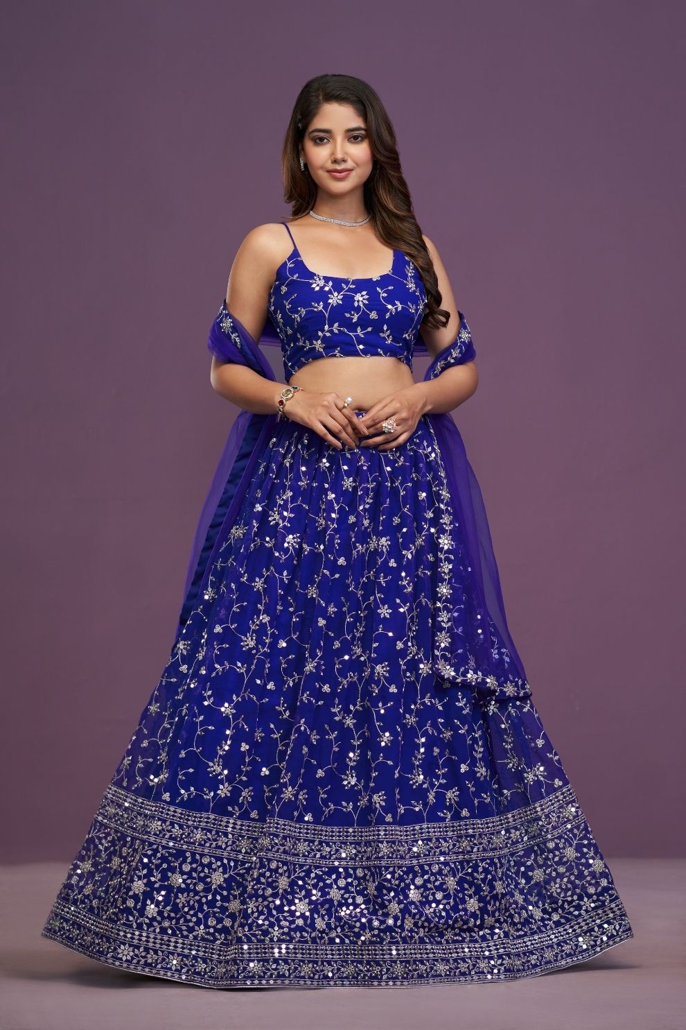 Designer Royal Blue Mirror Work Lehenga Set with Strappy Choli & Net Dupatta